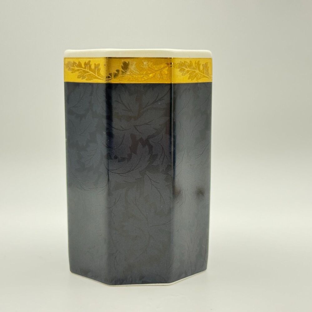 Wamsutta Baroque Damask Octagonal Porcelain Decorative Vase Black Gold Japan